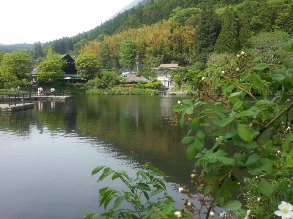 Yufuin lake with Mt Yufu, Oita Prefecture Japan