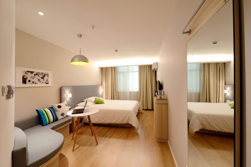 Modern capsule hotel interior in Japan