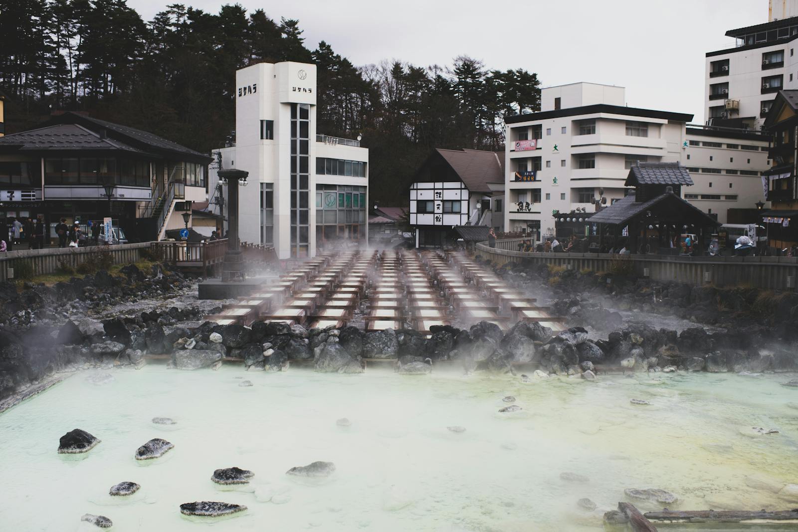 Steam rising over the hot spring town of Kinosaki Onsen in Hyogo, Japan