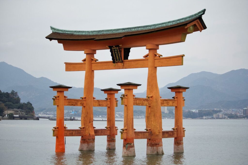 The floating vermilion torii gate of Itsukushima Shrine on Miyajima