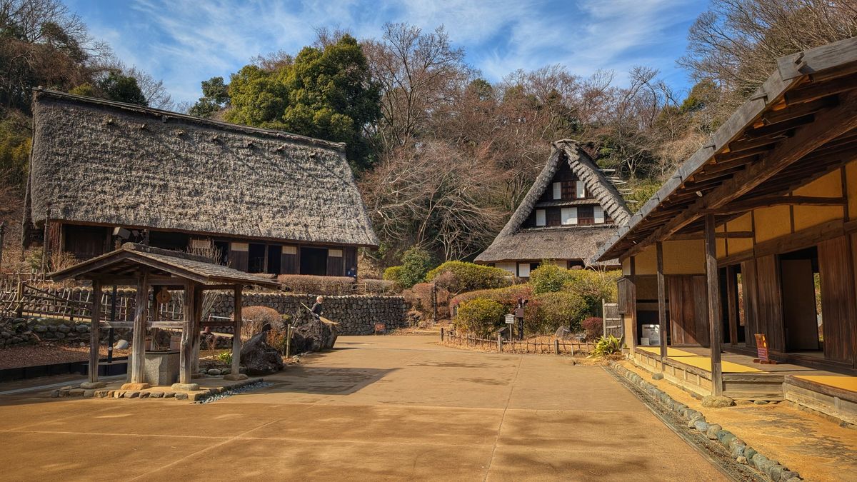 Traditional thatched-roof houses lining the main street of Ouchijuku post town in Fukushima, Japan