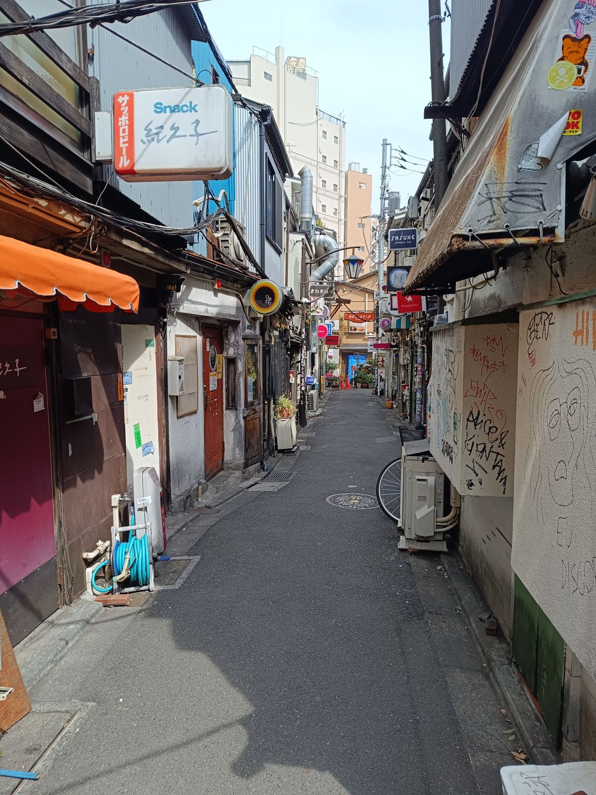 Narrow vibrant Tokyo backstreet alley lined with shops and signage