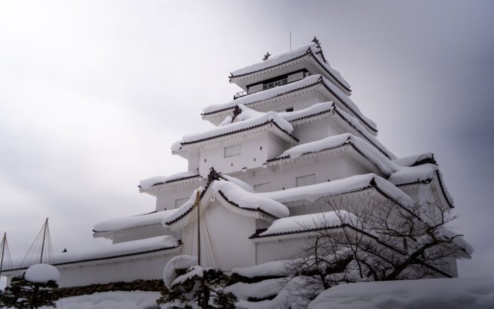 Snow-covered Tsuruga Castle in Aizu-Wakamatsu, Fukushima