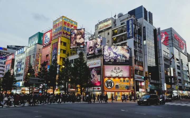 Anime billboards and electronics stores at an Akihabara crossing, Tokyo