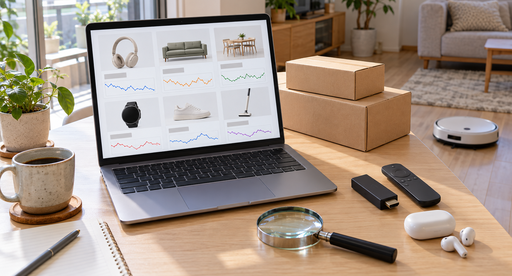 A home desk in Japan with a laptop showing price-history charts, delivery boxes, a streaming stick and earbuds