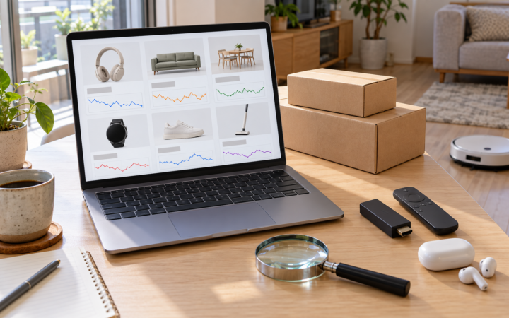 A home desk in Japan with a laptop showing price-history charts, delivery boxes, a streaming stick and earbuds