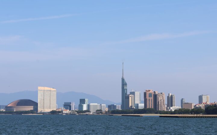 Fukuoka city skyline with Fukuoka Tower across Hakata Bay, Japan