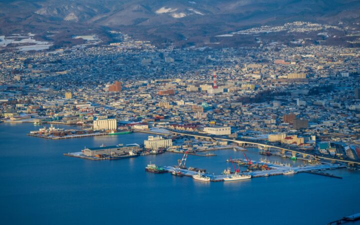 Hakodate city and port seen from Mount Hakodate in winter