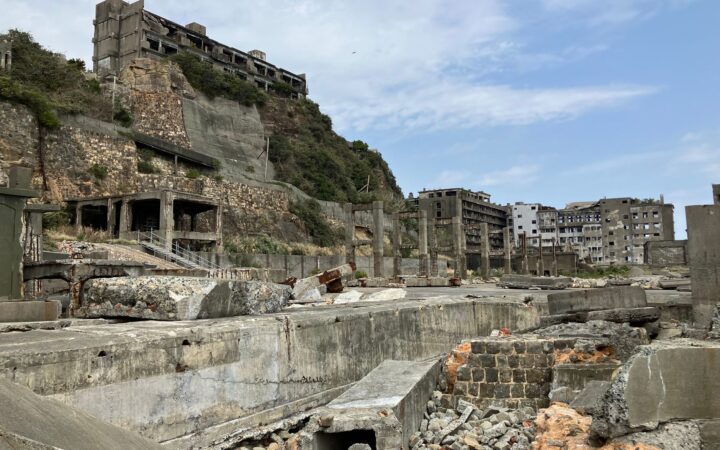 Ruined mine buildings and concrete apartment blocks on Hashima (Gunkanjima) island, Nagasaki