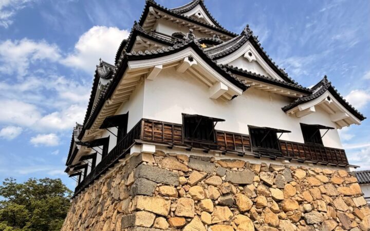 Hikone Castle tower on tall stone walls under a clear blue sky, Shiga Prefecture