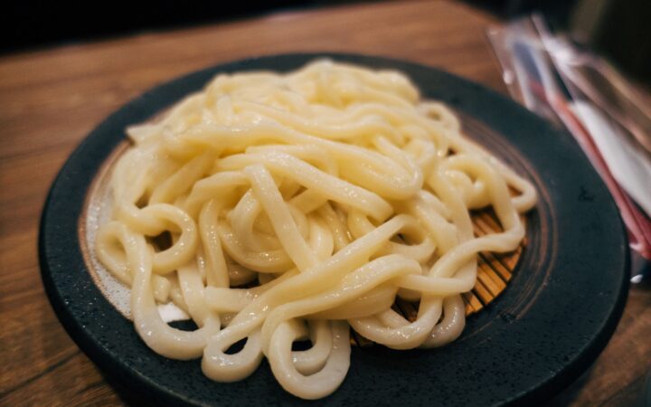 Plate of thick, chewy Sanuki-style udon noodles