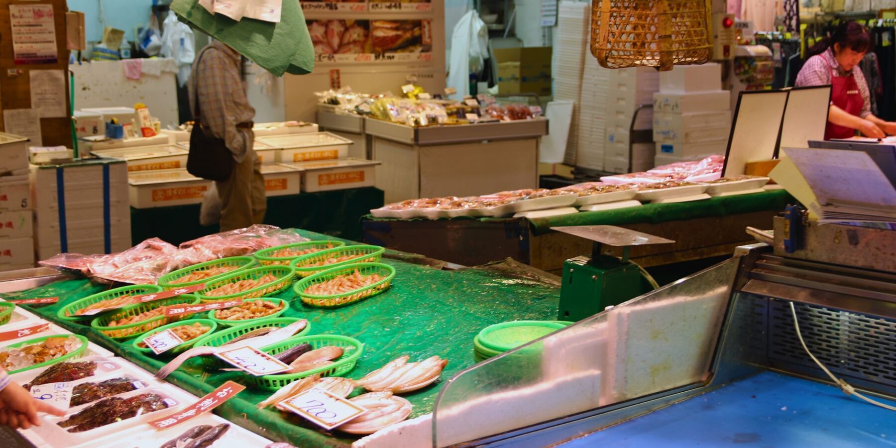 Fresh seafood stalls at a market in Kanazawa, Ishikawa