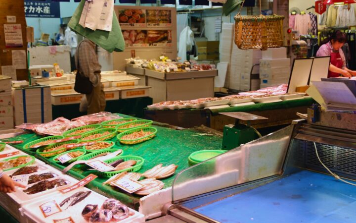 Fresh seafood stalls at a market in Kanazawa, Ishikawa