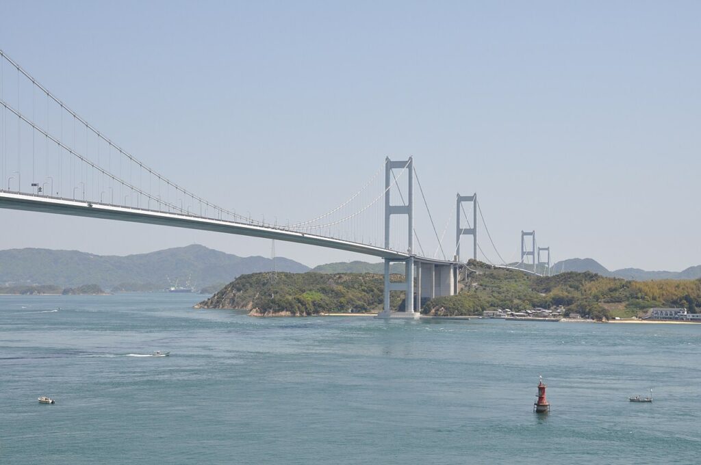 The Kurushima-Kaikyo Bridge spanning the strait between Imabari and Oshima