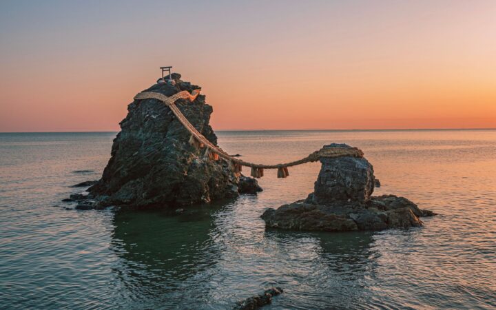 Meoto Iwa wedded rocks joined by a sacred rope at dawn, Futami, Mie