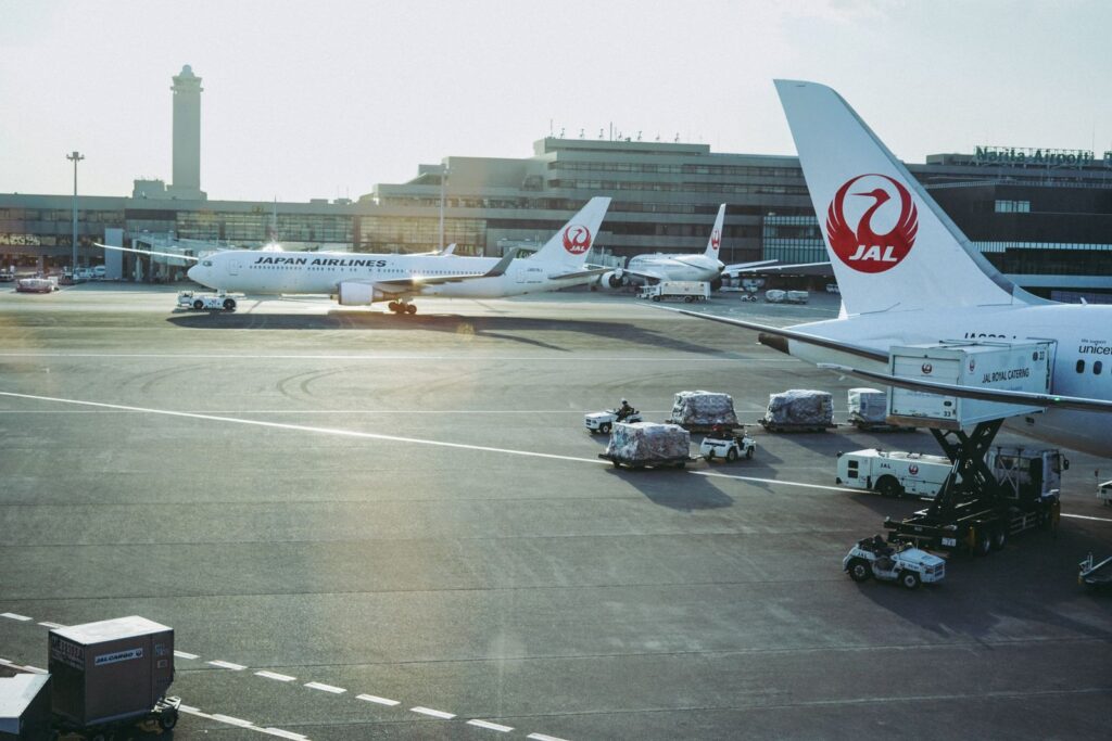 Japan Airlines planes parked at terminal gates at Narita International Airport