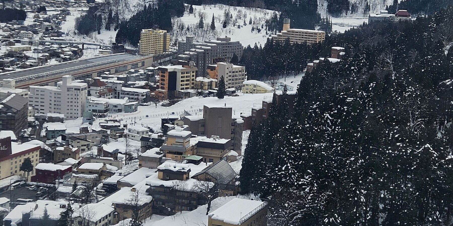 Snow-covered town and mountains of Yuzawa, Niigata, in winter