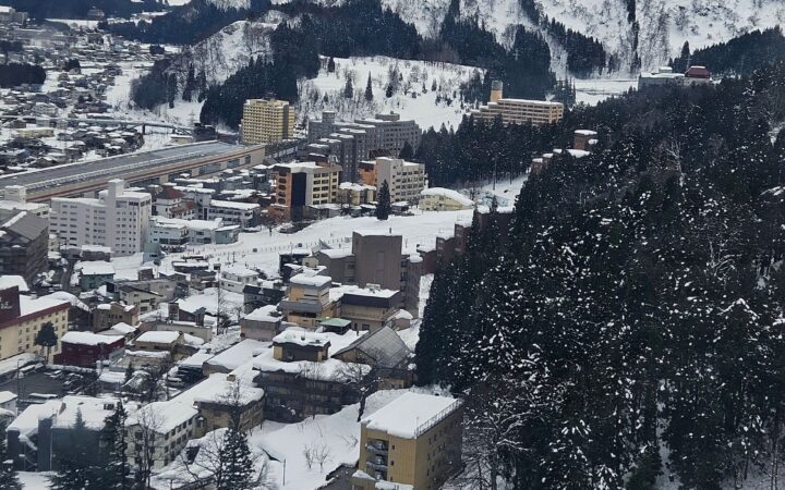 Snow-covered town and mountains of Yuzawa, Niigata, in winter