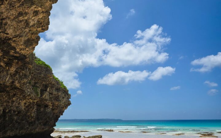 White sand beach, limestone cliff and turquoise sea on Miyakojima, Okinawa, Japan