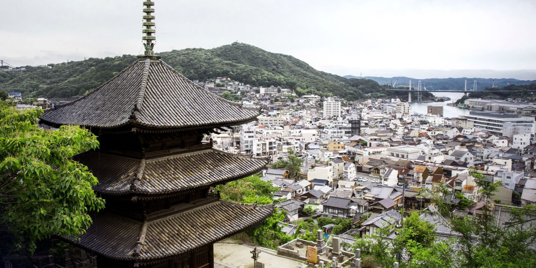 Tenneiji three-story pagoda overlooking Onomichi town and channel, Hiroshima