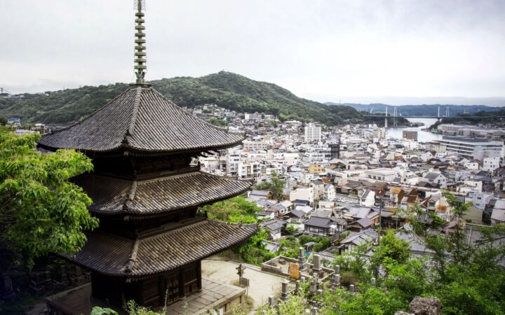 Tenneiji three-story pagoda overlooking Onomichi town and channel, Hiroshima