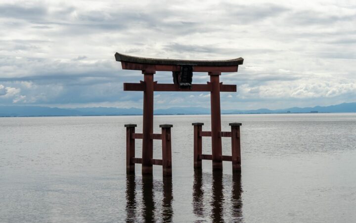 Shirahige Shrine torii gate standing in Lake Biwa, Shiga, Japan