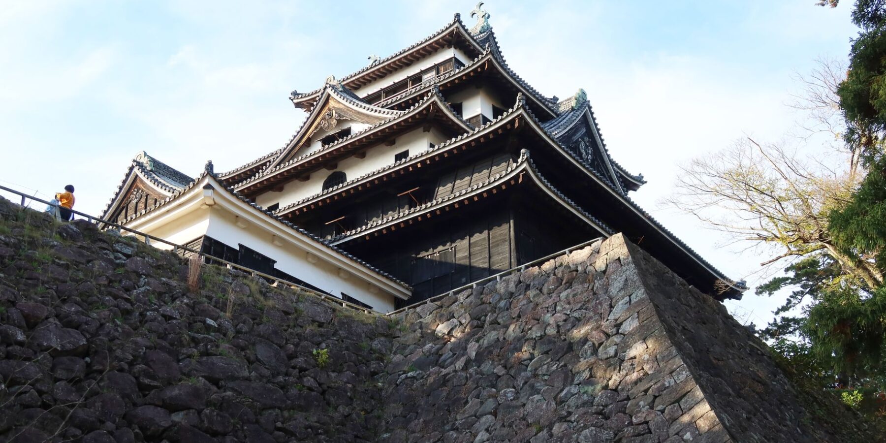 Matsue Castle keep on its stone walls in Shimane, Japan