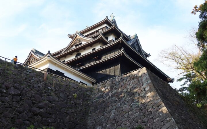 Matsue Castle keep on its stone walls in Shimane, Japan