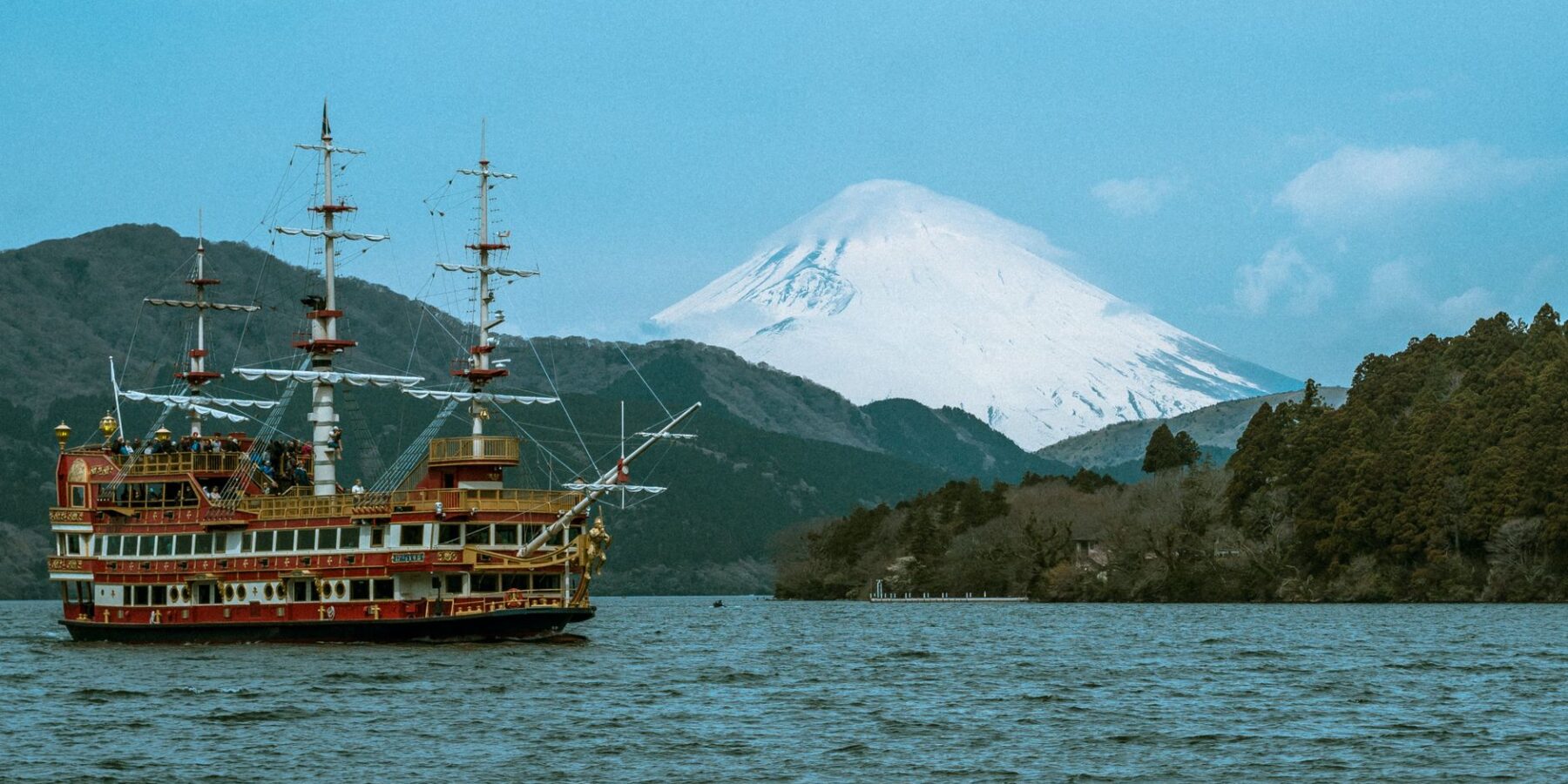 Hakone sightseeing pirate ship on Lake Ashi with Mount Fuji behind, Kanagawa, Japan
