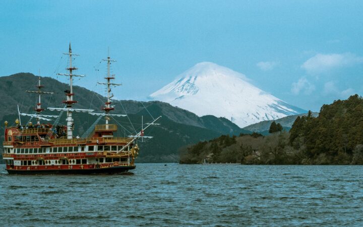 Hakone sightseeing pirate ship on Lake Ashi with Mount Fuji behind, Kanagawa, Japan