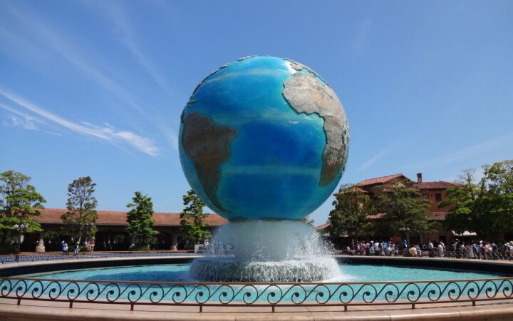 The AquaSphere globe fountain at the entrance of Tokyo DisneySea