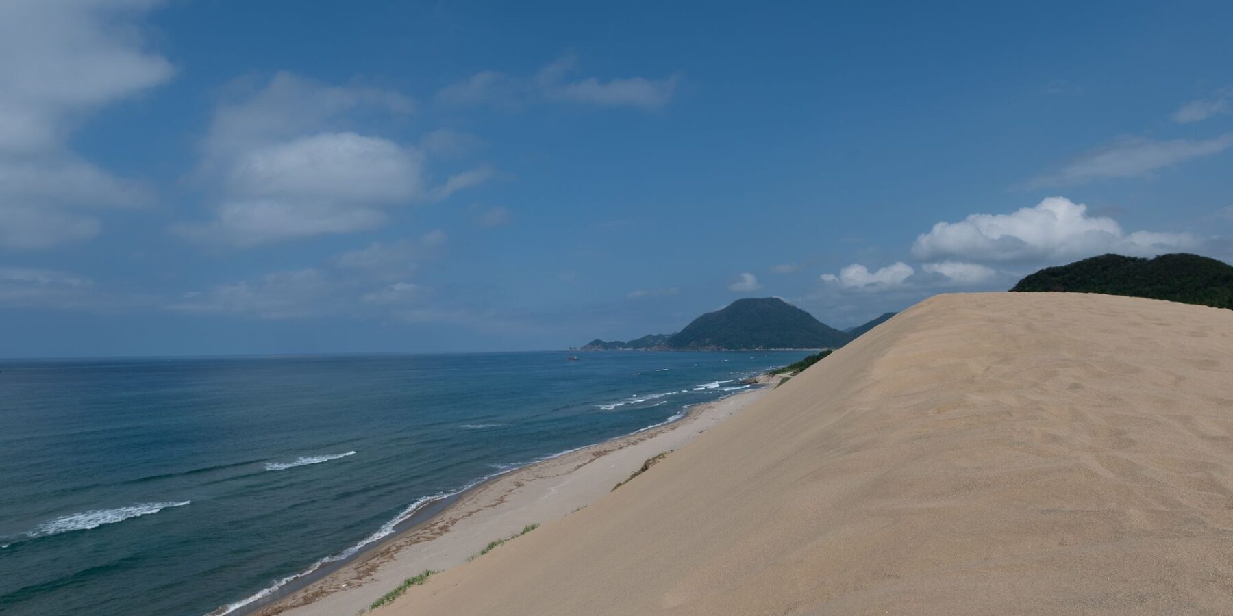 Tottori Sand Dunes meeting the Sea of Japan under a summer sky, Tottori, Japan