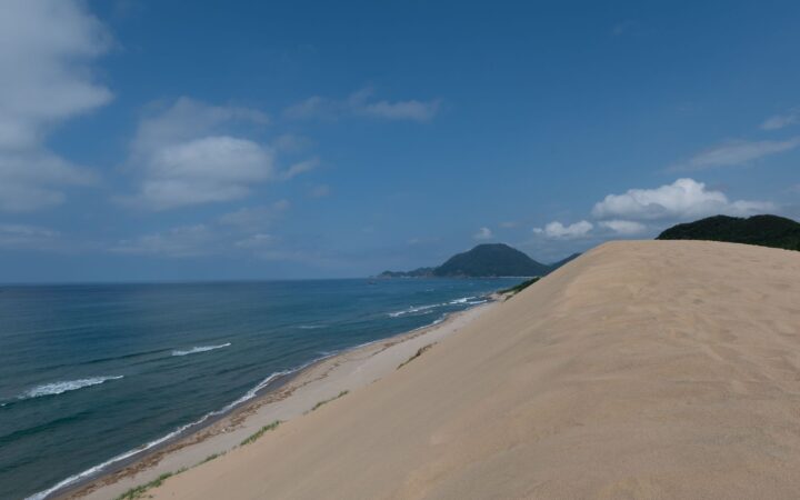 Tottori Sand Dunes meeting the Sea of Japan under a summer sky, Tottori, Japan
