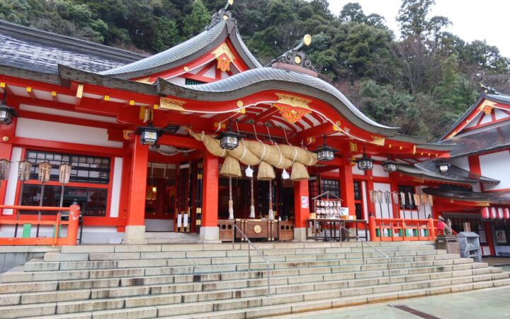 The vermilion main hall of Taikodani Inari Shrine in Tsuwano, Shimane