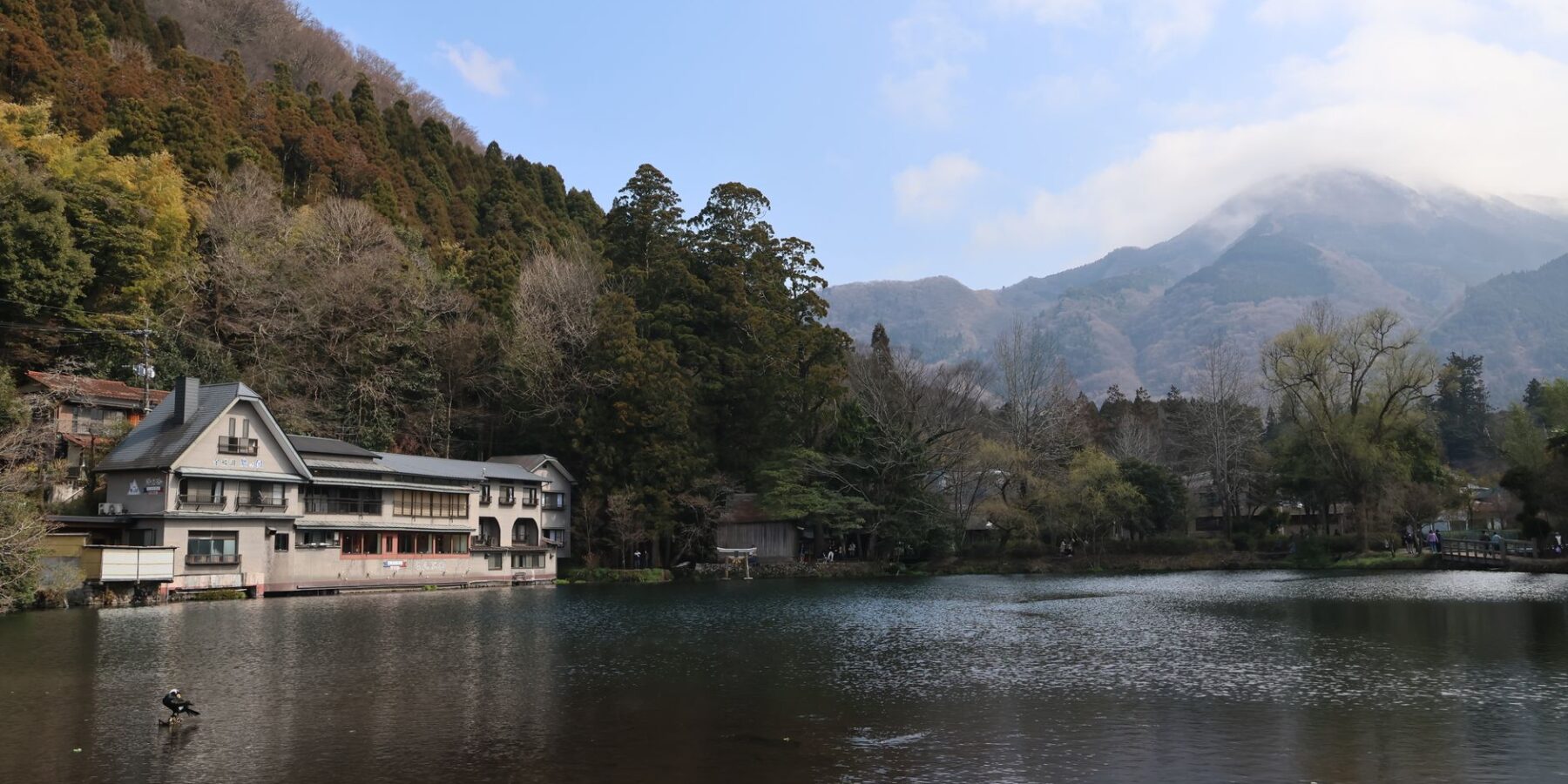 Lake Kinrinko and inn buildings below Mount Yufu, Yufuin, Oita